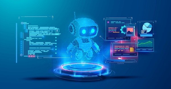 Futuristic AI automation dashboard with robotic elements and digital interfaces